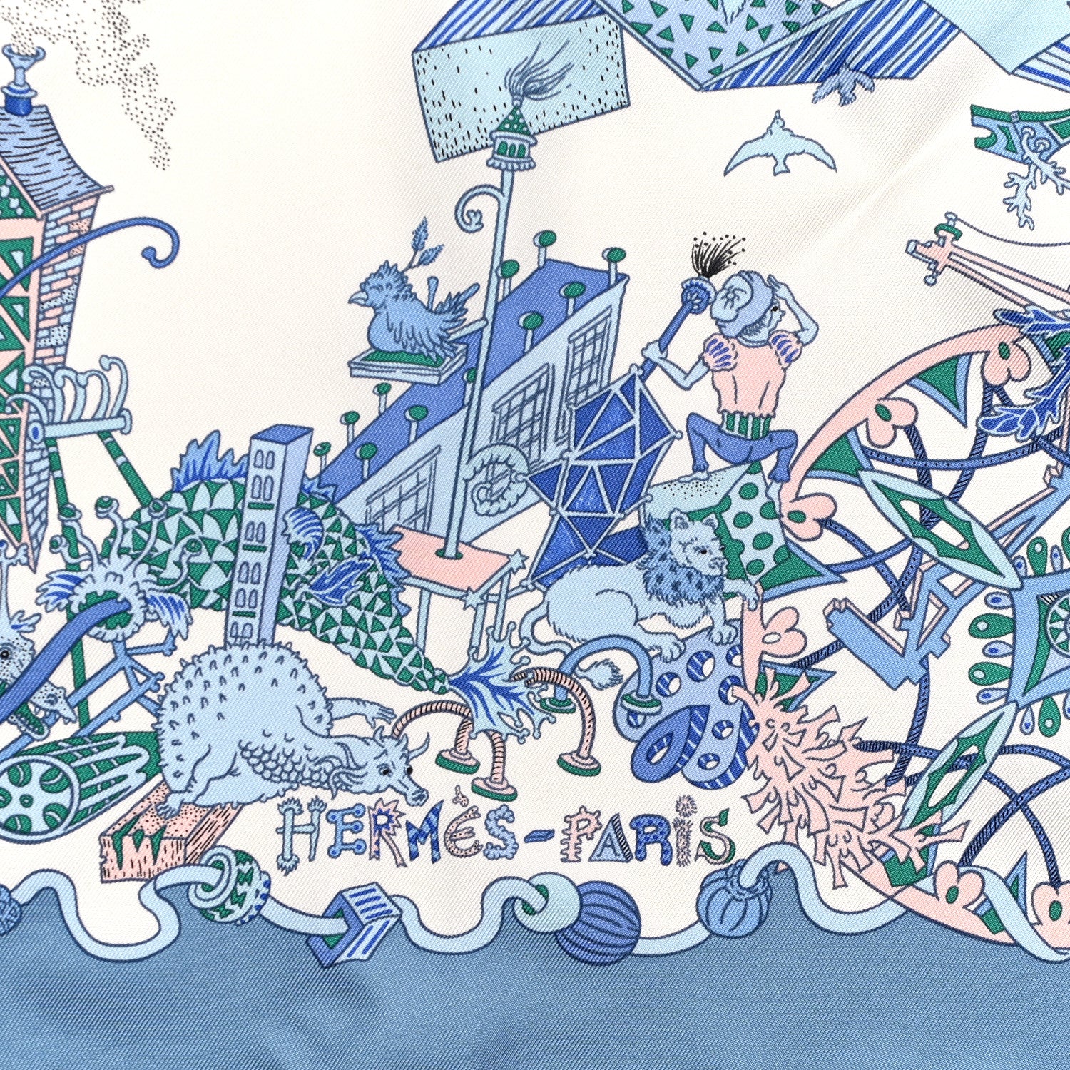 Hermes Silk La Folle Parade Scarf 90 Bleu Jean White Rose 2 of 6