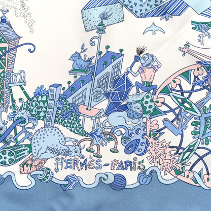 Hermes Silk La Folle Parade Scarf 90 Bleu Jean White Rose 2 of 6