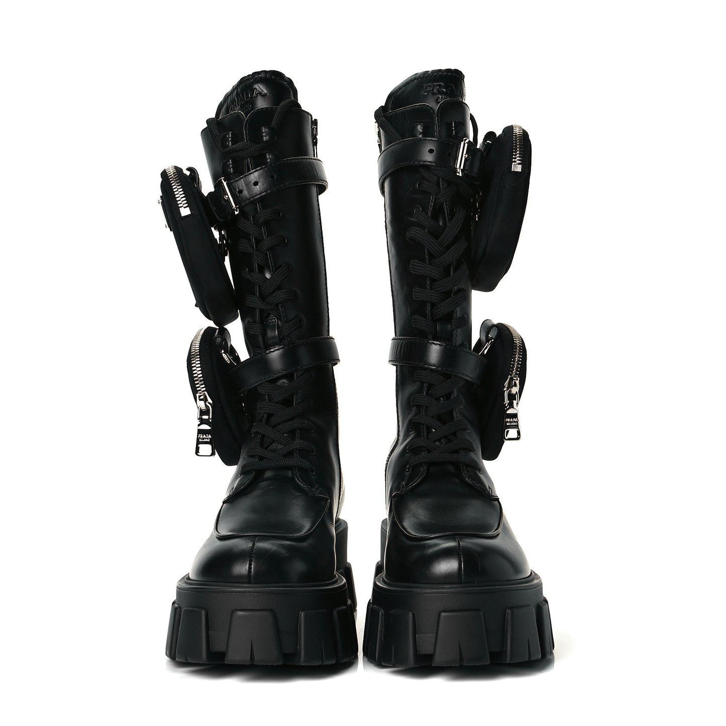 Vitello Lux Nylon Metal Triangle Logo Monolith Pouch Pocket 55mm Tall Combat Boots 37 Black