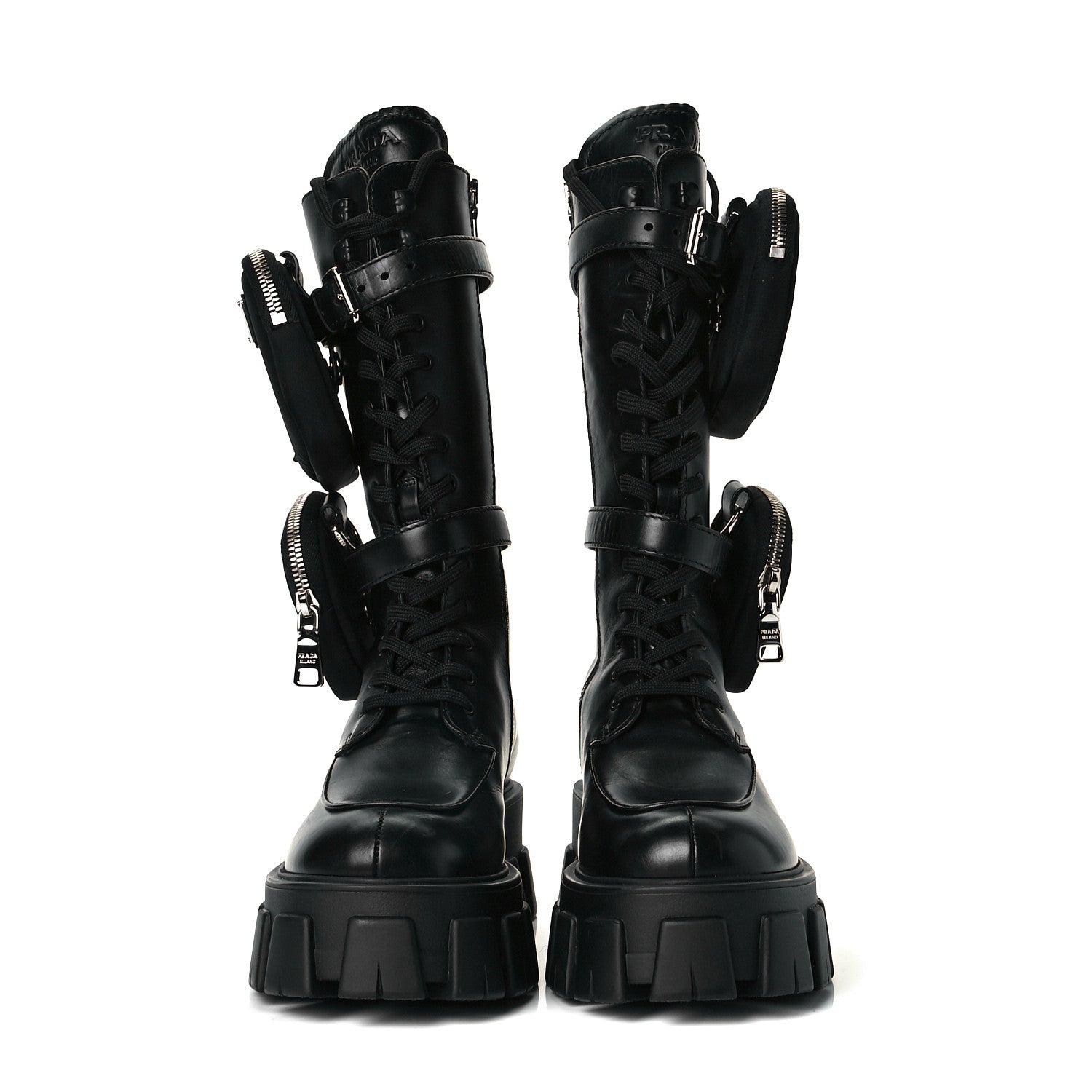 Prada Vitello Lux Nylon Metal Triangle Logo Monolith Pouch Pocket 55mm Tall Combat Boots 37 Black 3 of 7