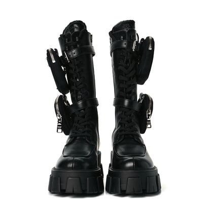 Prada Vitello Lux Nylon Metal Triangle Logo Monolith Pouch Pocket 55mm Tall Combat Boots 37 Black 3 of 7