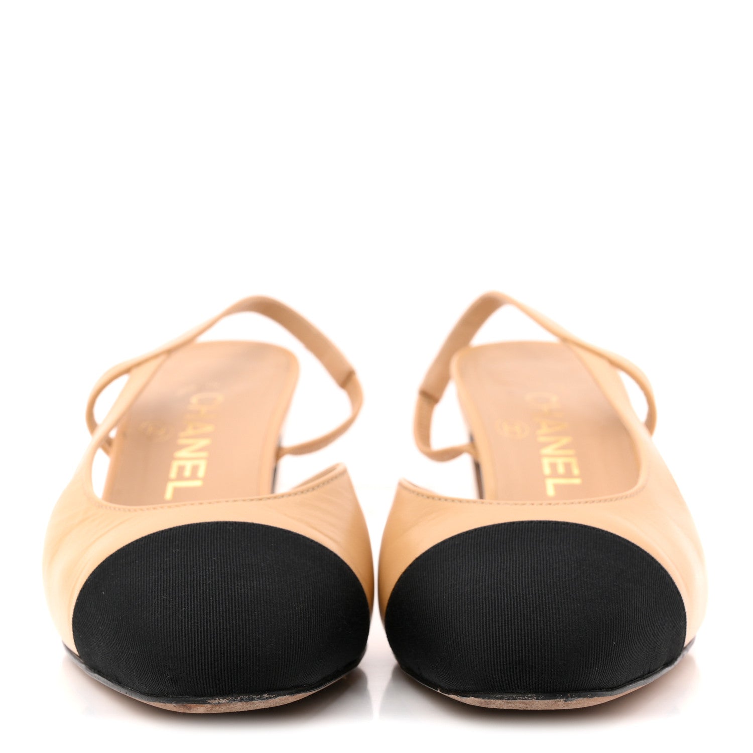 Chanel Goatskin Grosgrain Cap Toe CC Slingback Pumps 36.5 Beige Black 3 of 13