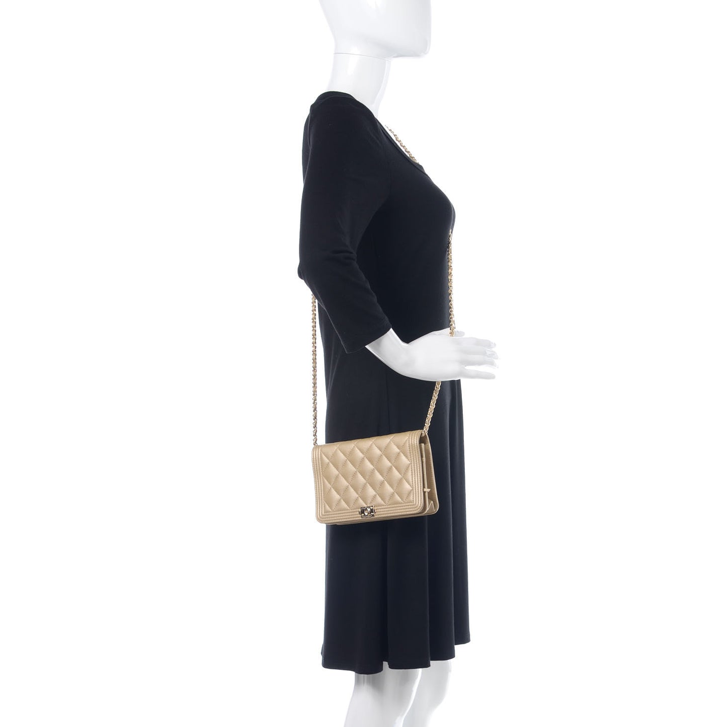 Metallic Caviar Quilted Boy Wallet On Chain WOC Light Gold