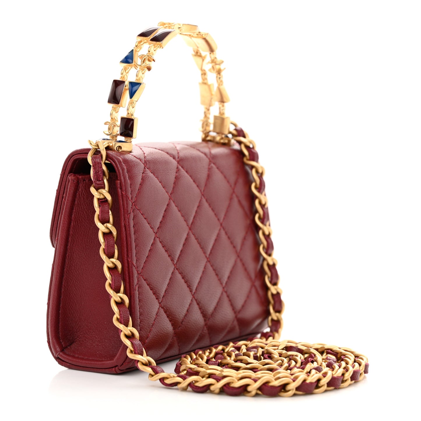 Lambskin Enamel Quilted Mini Top Handle Flap Red