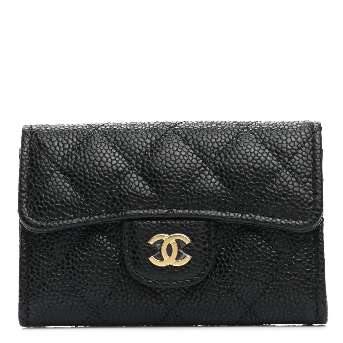 Caviar Quilted Flap Card Holder Wallet Black