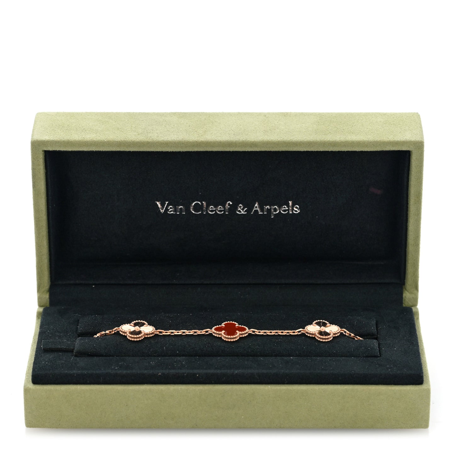 18K Rose Gold Carnelian 5 Motifs Guilloche Vintage Alhambra Bracelet