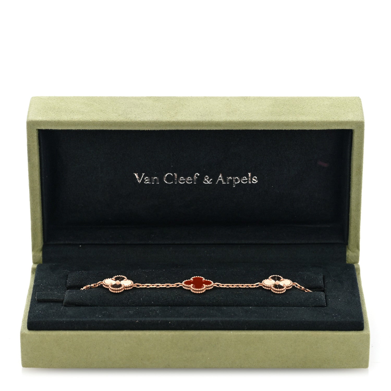 Van Cleef & Arpels 18K Rose Gold Carnelian 5 Motifs Guilloche Vintage Alhambra Bracelet 4 of 4