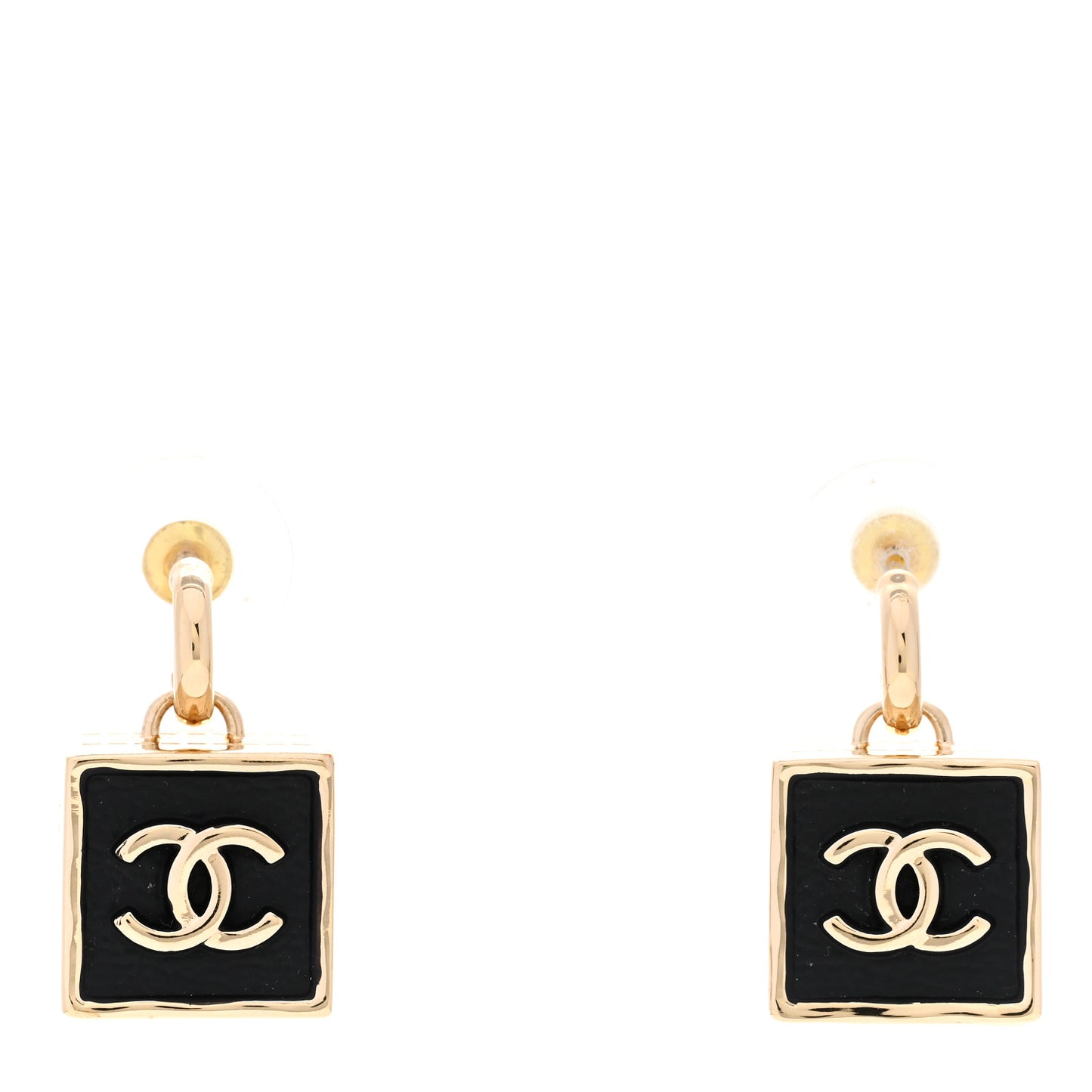 Metal Enamel CC Square Drop Earrings Gold Black