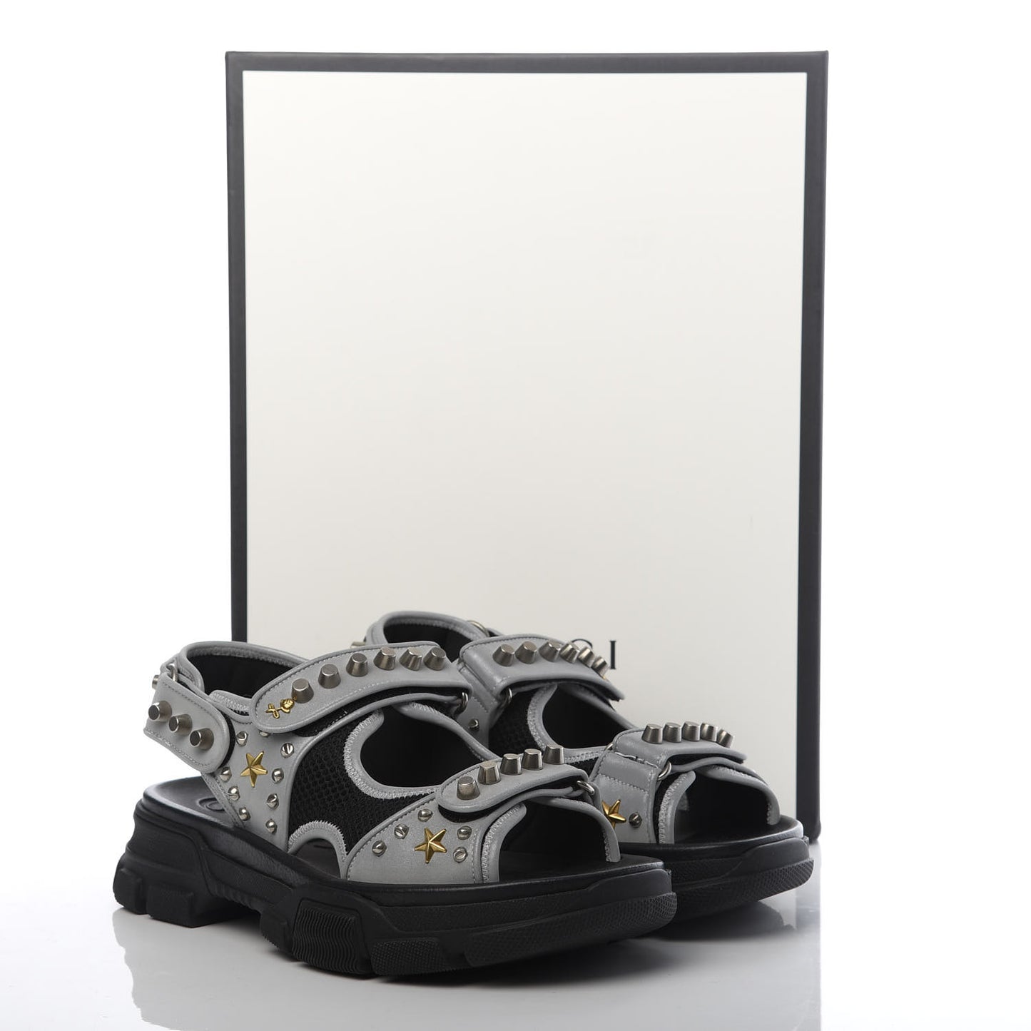 Technical Canvas Calfskin Reflective Studded Mens Aguru Sandals 8 Silver Black