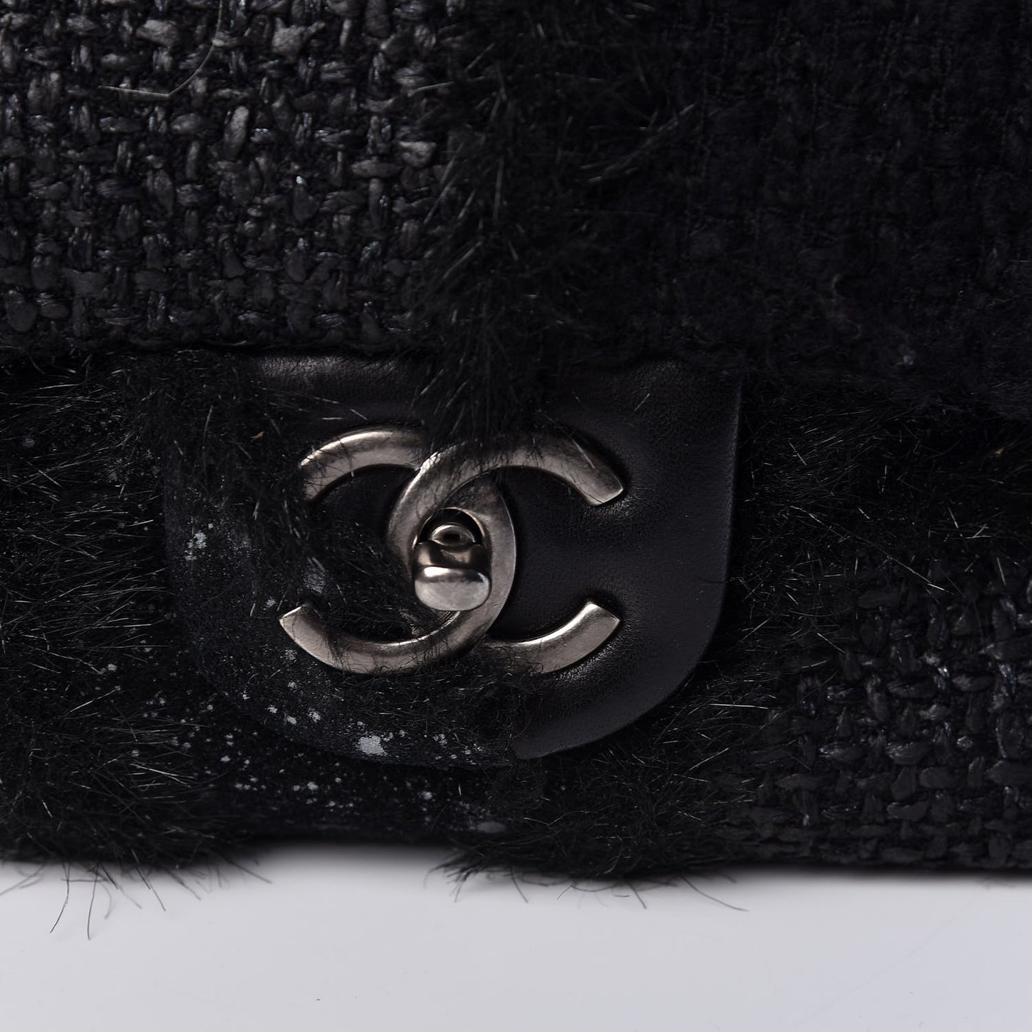 Tweed Faux Fur Patchwork Jumbo Single Flap Black
