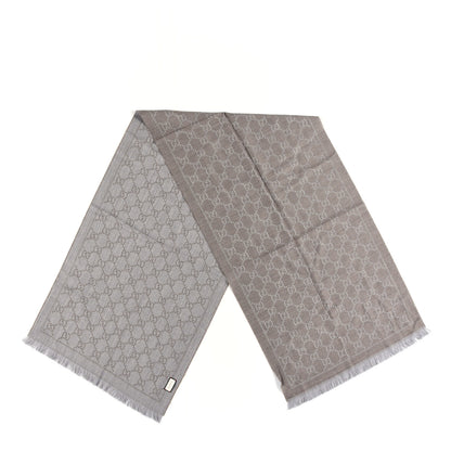 Gucci Wool Jacquard GG Monogram Sten Fringe Scarf Taupe Light Grey 2 of 4
