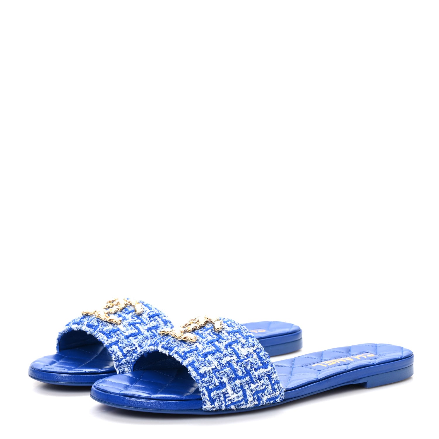 Chanel Cotton Tweed Chain CC Mule Sandals 38.5 Blue White 4 of 10