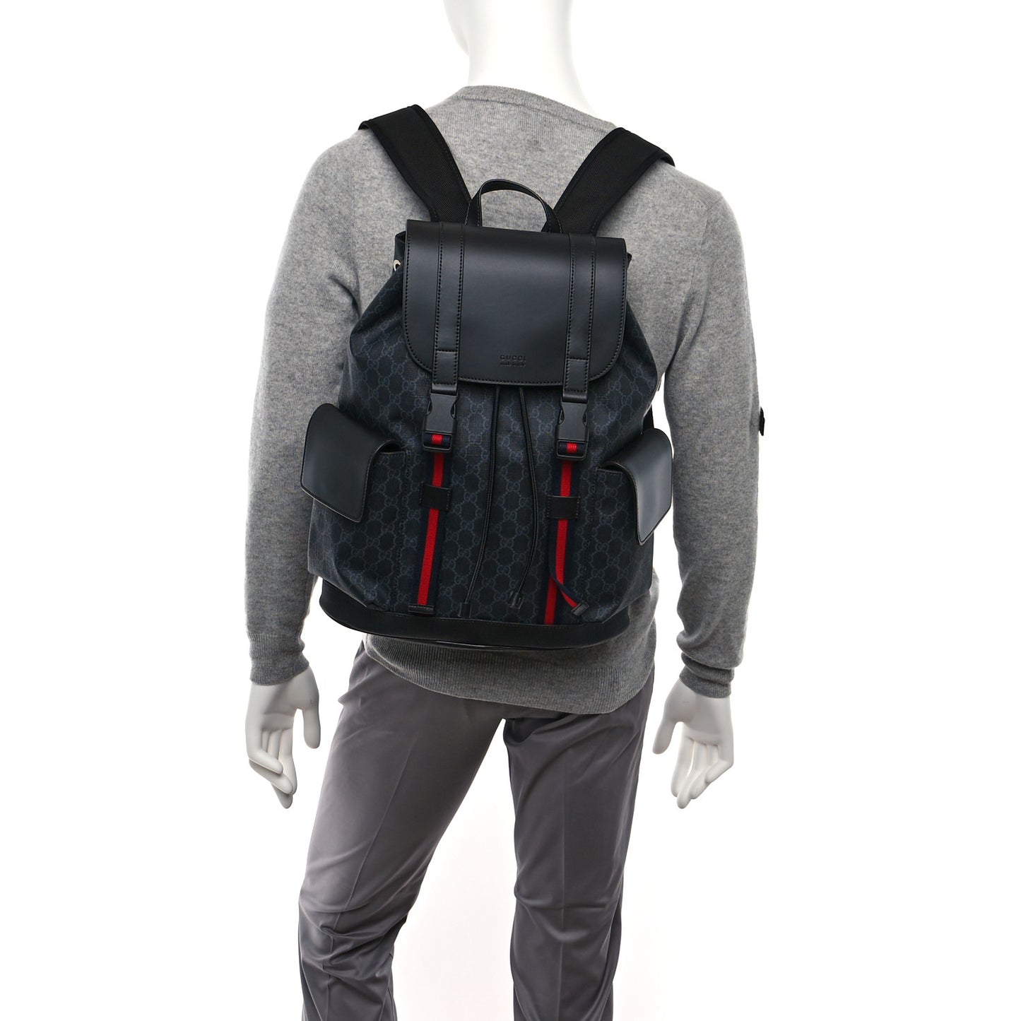 Soft GG Supreme Monogram Calfskin Web Double Buckle Backpack Black