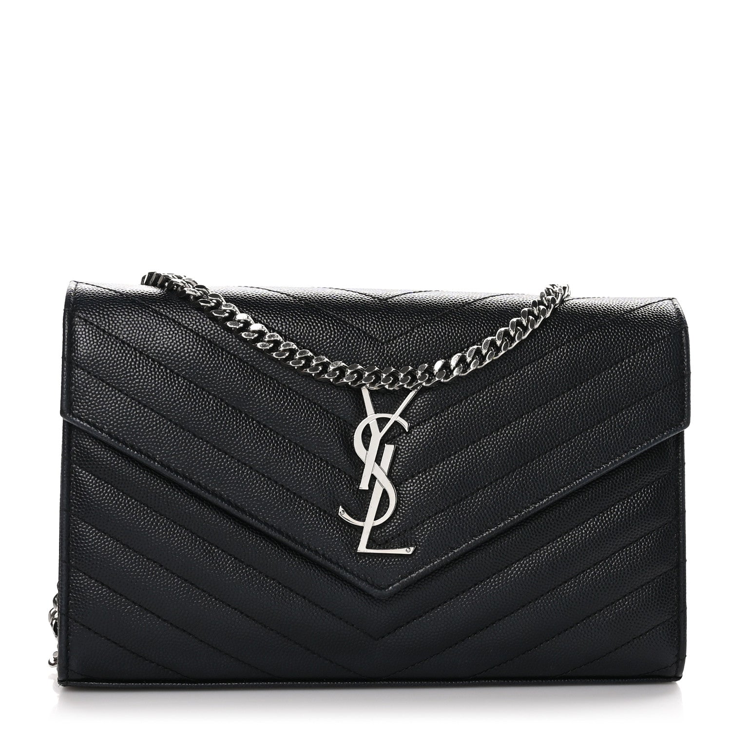 Saint Laurent Grain De Poudre Matelasse Chevron Monogram Chain Wallet Black 1 of 10