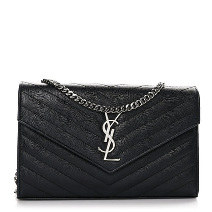 Saint Laurent Grain De Poudre Matelasse Chevron Monogram Chain Wallet Black 1 of 10