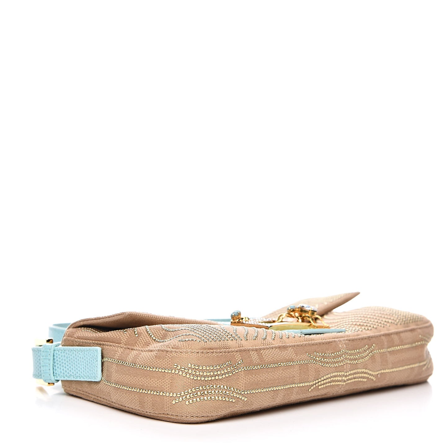 Fabric Calfskin Crystal Lizard Embossed Studded Baguette Tortora Celeste