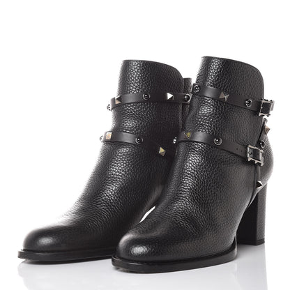 Valentino Garavani Pebbled Calfskin Onyx Rockstud Rolling Double Buckle 70mm Block Heel Ankle Boots 39 Black 3 of 9