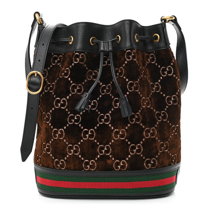 Gucci Velvet GG Monogram Textured Calfskin Web Bucket Bag Brown Black 1 of 10