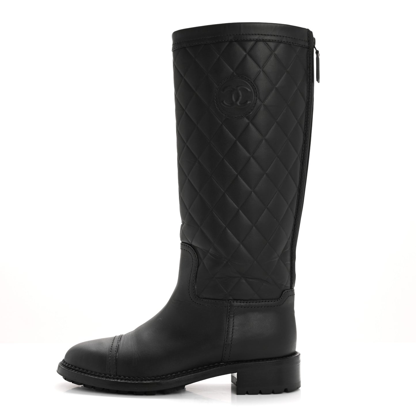 Oily Calfskin Quilted High Boots 37.5 Black