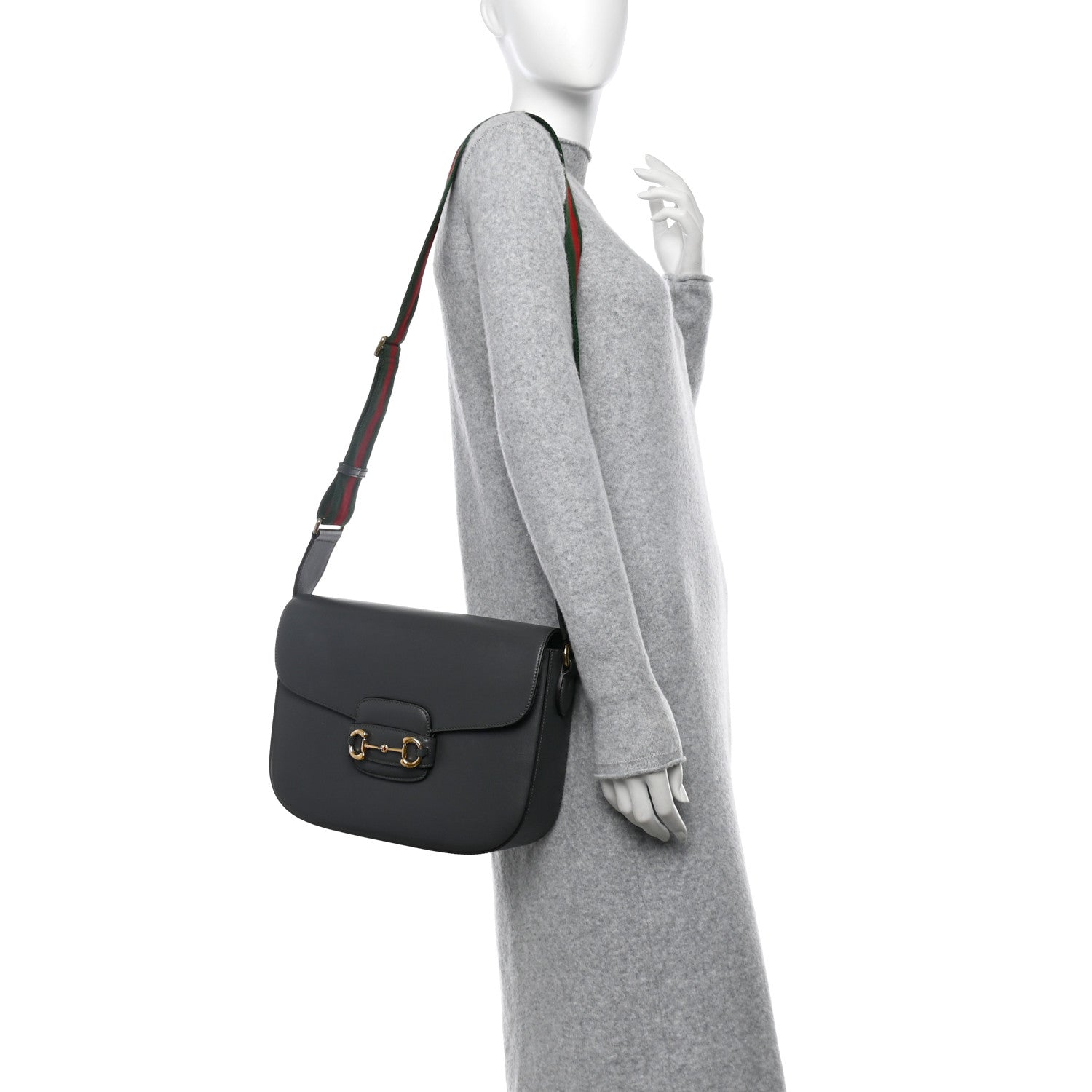 Gucci Azalea Calfskin Web Horsebit 1955 Shoulder Bag Graphite Grey 2 of 12