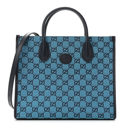 Gucci Monogram Multicolor Textured Dollar Calfskin Small Retro Interlocking G Tote Bag Light Blue 1 of 11
