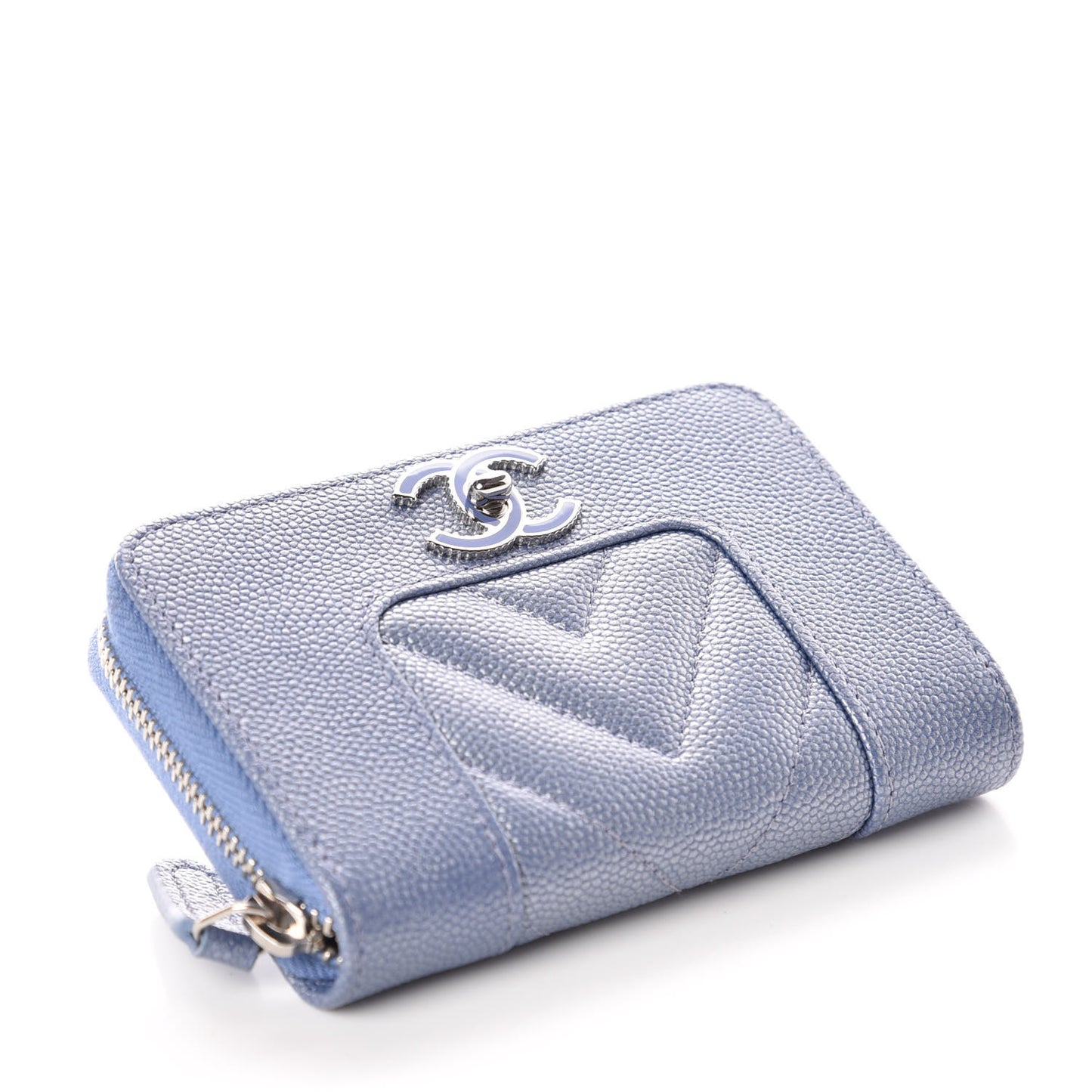 Metallic Caviar Chevron Quilted Vintage Mademoiselle Zip Coin Purse Light Blue