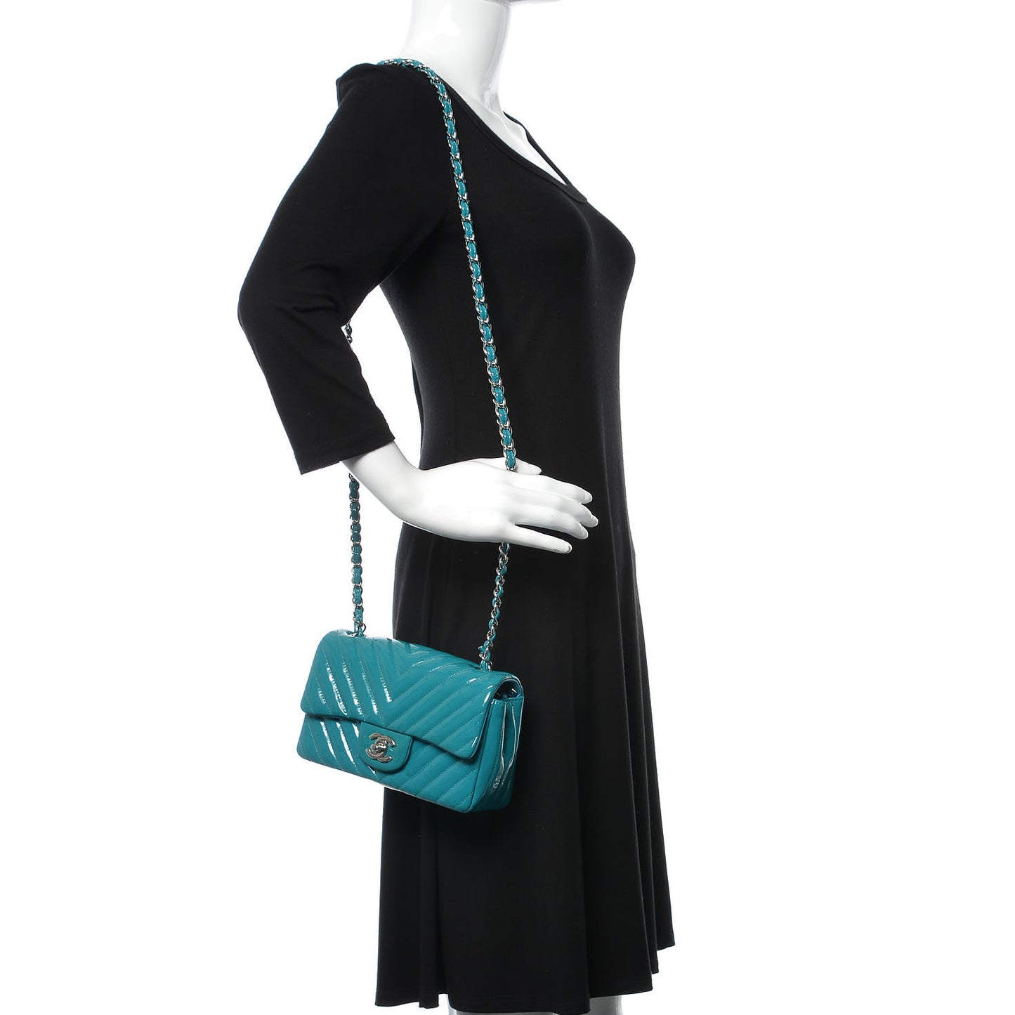 Patent Calfskin Chevron Quilted Mini Rectangular Flap Blue