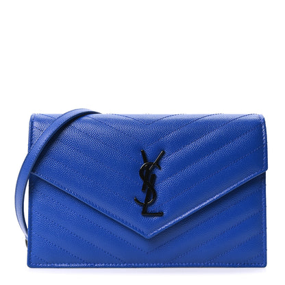 Saint Laurent Grain De Poudre Matelasse Chevron Monogram Envelope Chain Wallet Blue Majorelle 1 of 10