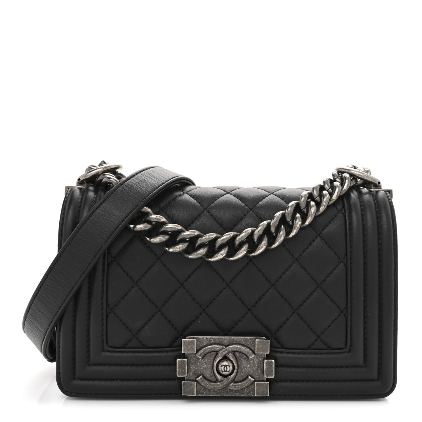 Calfskin Quilted Small Boy Flap Black
