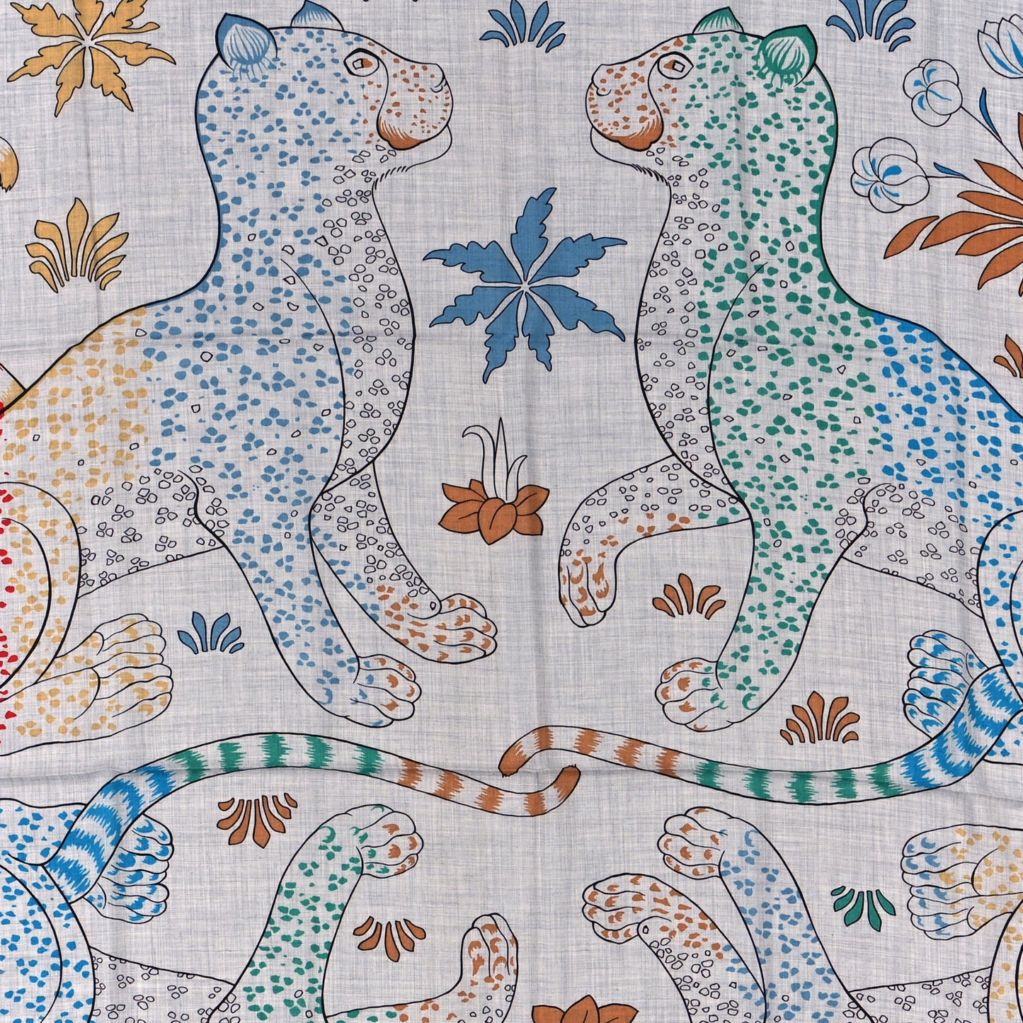 Cashmere Silk Les Leopards Shawl 140 Gris Chine Bleu
