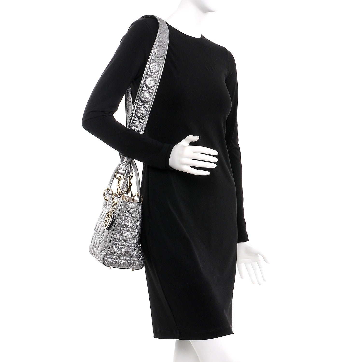 Christian Dior Metallic Grained Calfskin Cannage Medium Lady Dior Silver 2 of 8