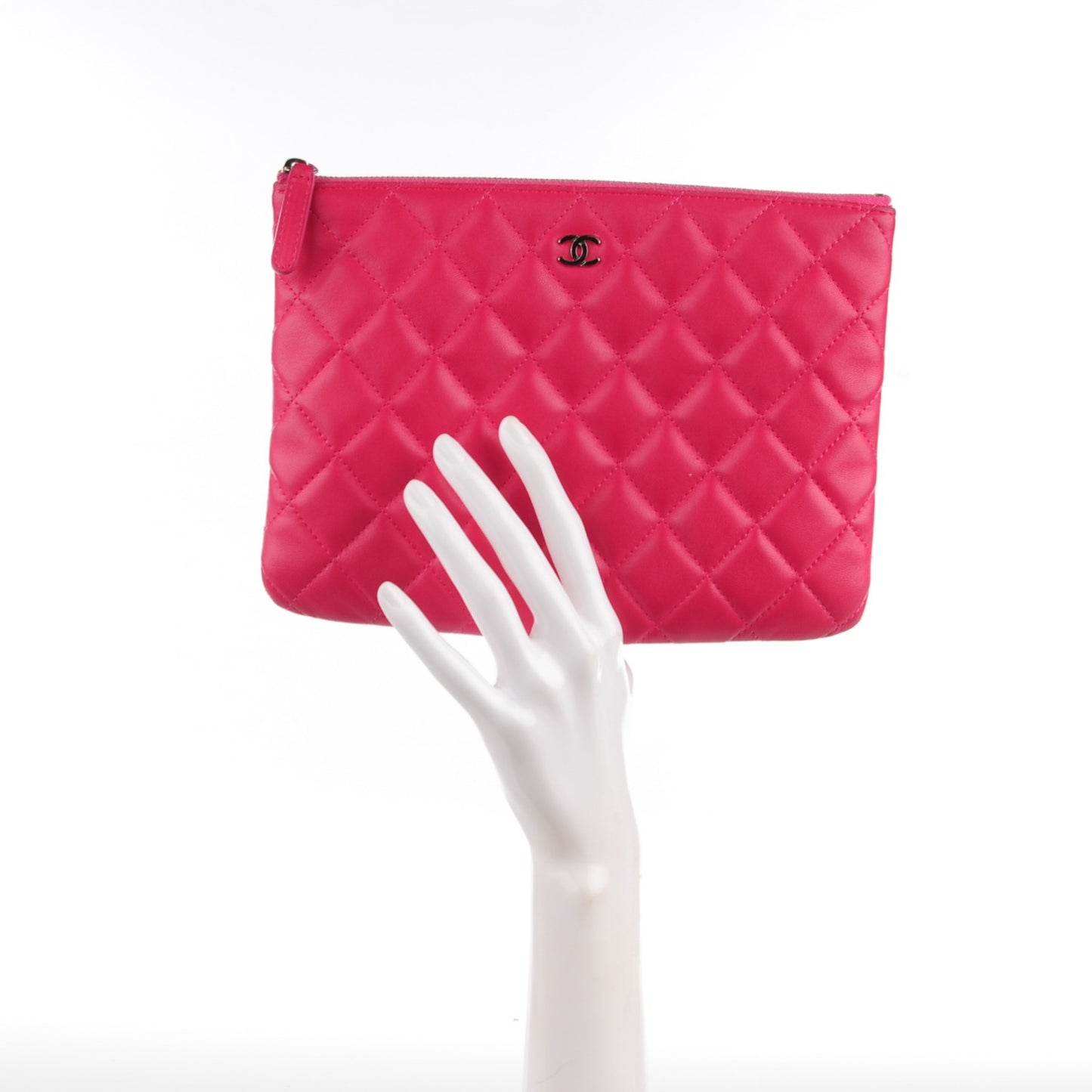 Lambskin Quilted Medium Cosmetic Case Dark Pink