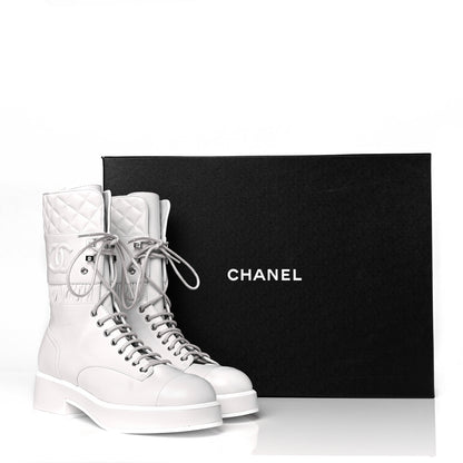 Chanel Lambskin Quilted Lace Up Combat Boots 38 White 7 of 7