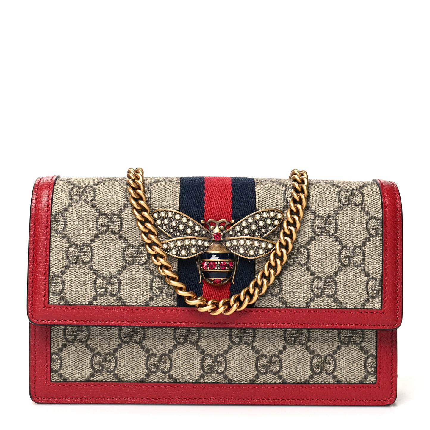 GG Supreme Monogram Web Queen Margaret Chain Wallet Red