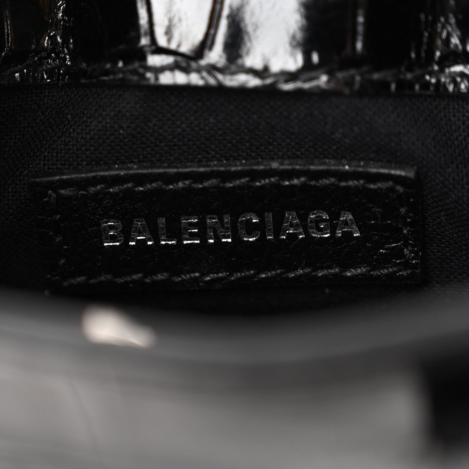 Balenciaga Calfskin Crocodile Embossed Logo Shopping Phone Holder Bag Black 6 of 9