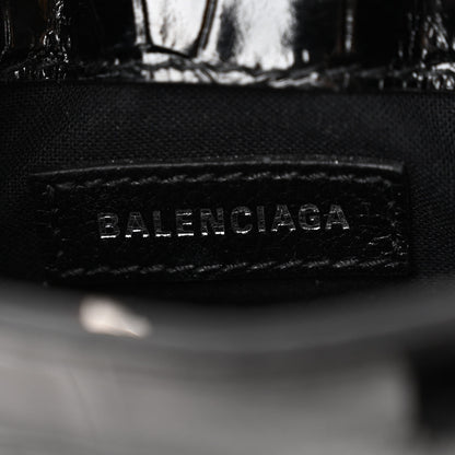 Balenciaga Calfskin Crocodile Embossed Logo Shopping Phone Holder Bag Black 6 of 9