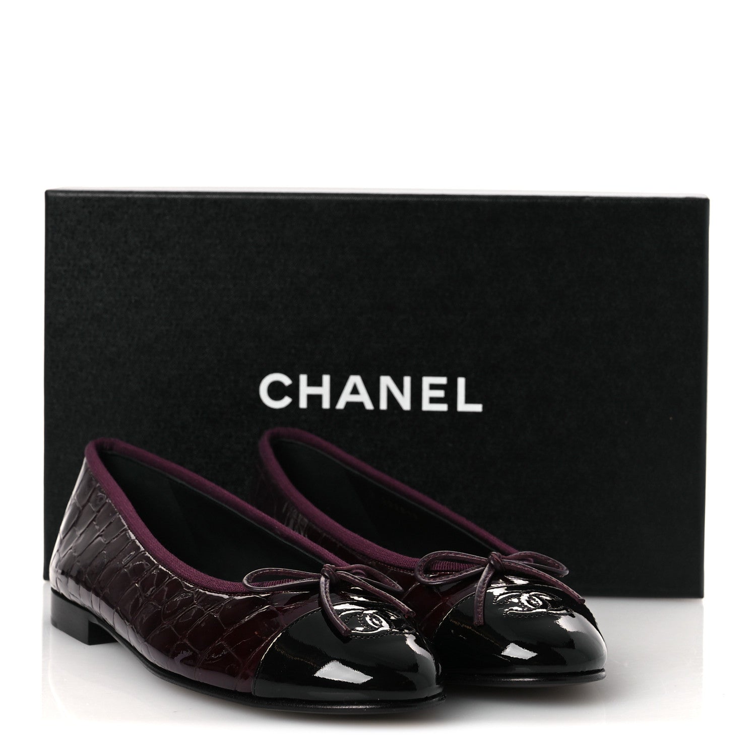 Chanel Patent Calfskin Crocodile Embossed Ballerina Flats  38 Dark Burgundy Black 11 of 11