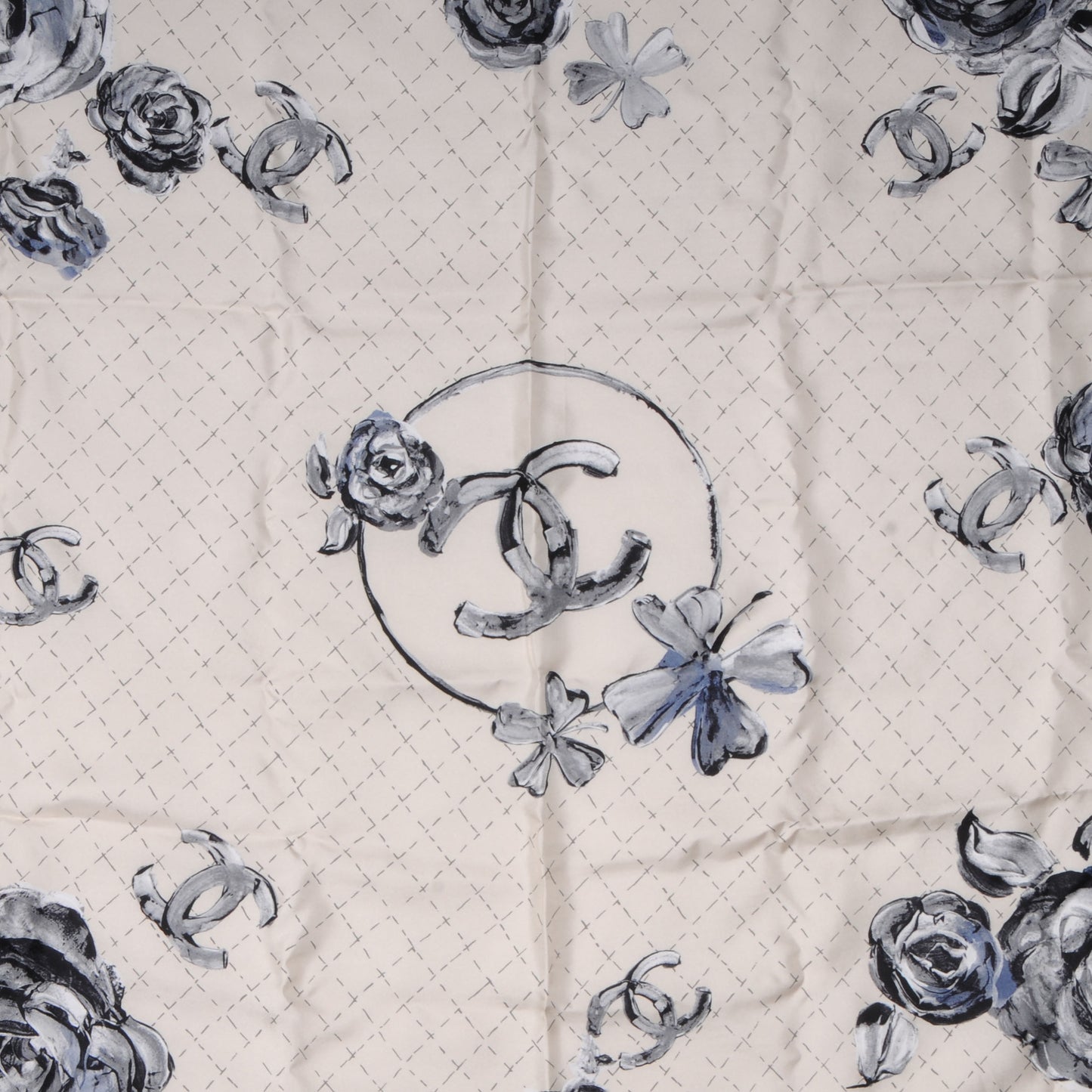 Silk Camellia Clover CC Scarf Beige Grey