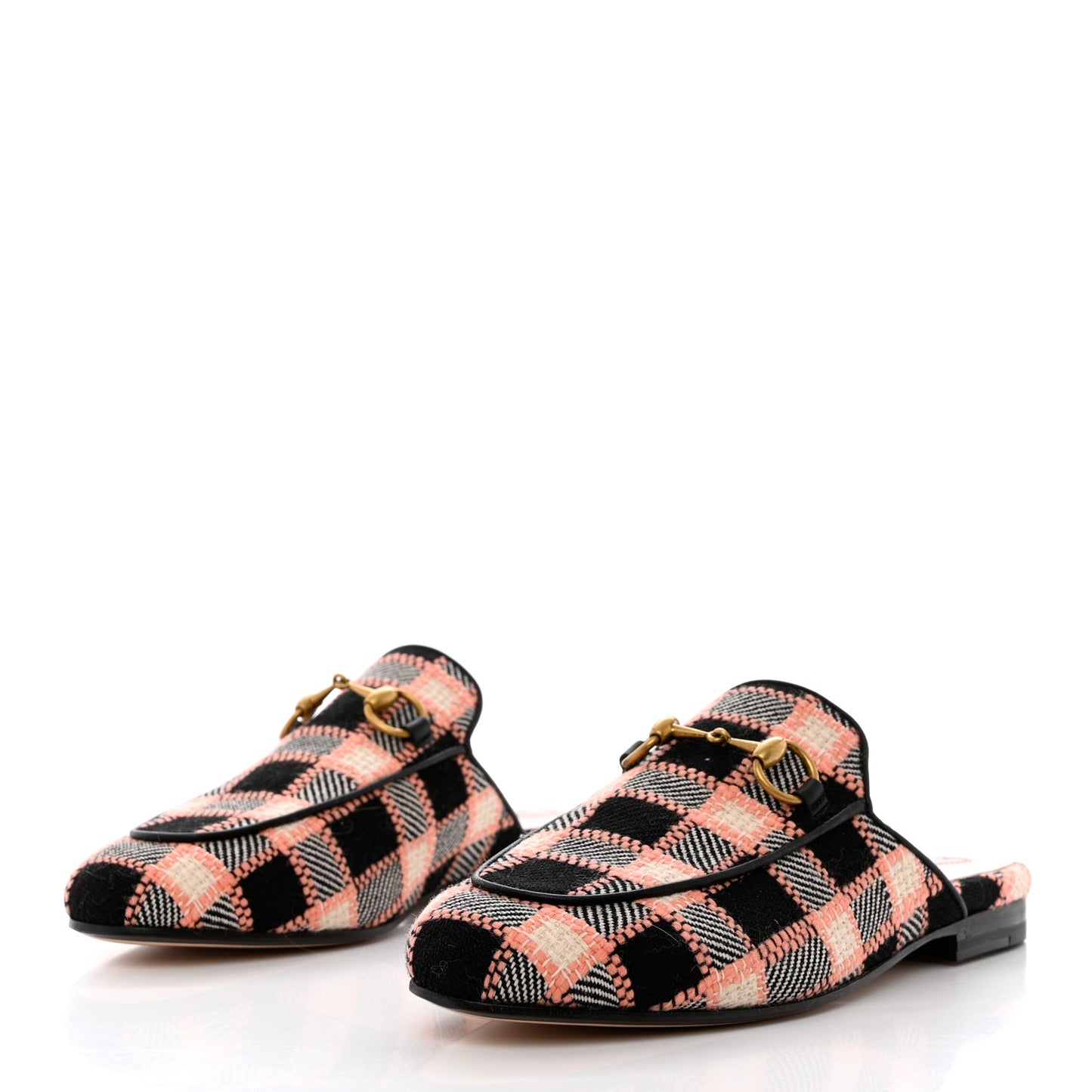 Tweed Calfskin Damier Womens Princetown Slippers 35 Black Pink Multicolor