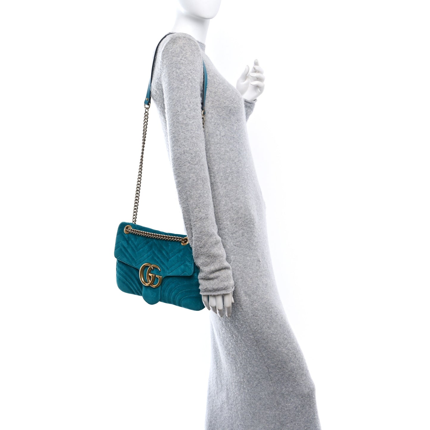 Velvet Matelasse Medium GG Marmont Shoulder Bag Pavone Cyan