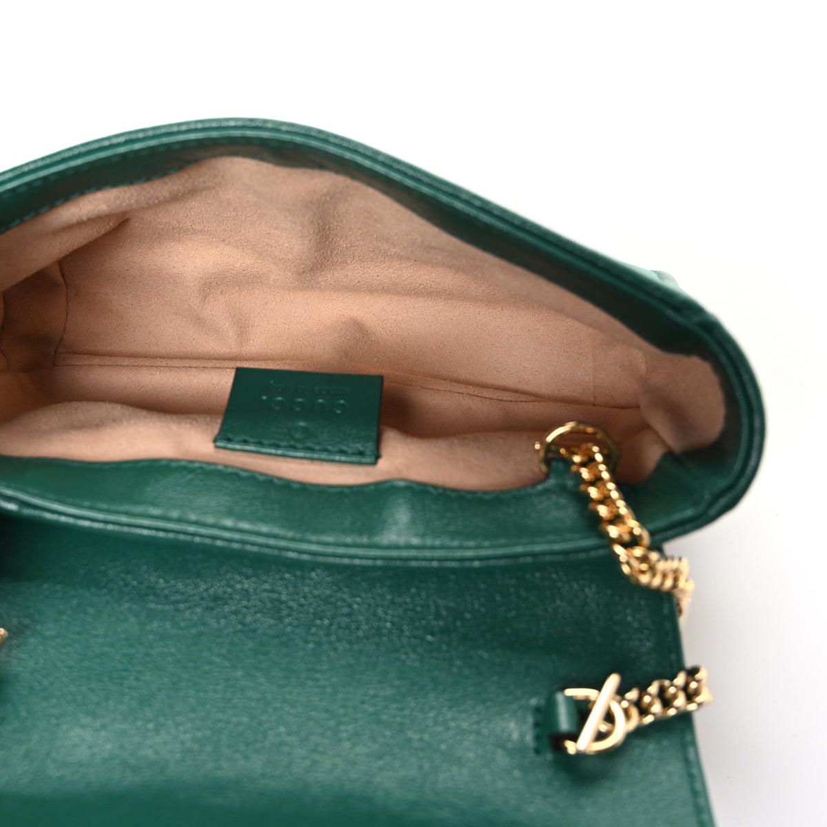 Azalea Calfskin Enamel Matelasse Diagonal Super Mini Torchon GG Marmont Shoulder Bag New Shamarock Emerald