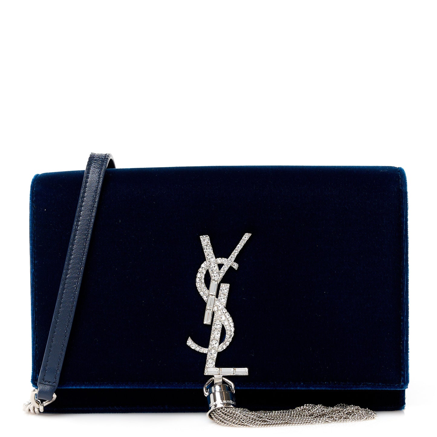 Velvet Crystal Monogram Kate Tassel Chain Wallet Blue