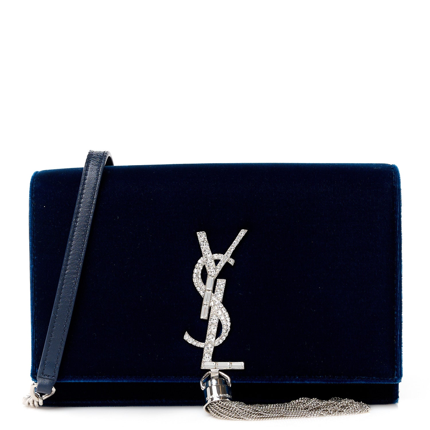 Saint Laurent Velvet Crystal Monogram Kate Tassel Chain Wallet Blue 1 of 9