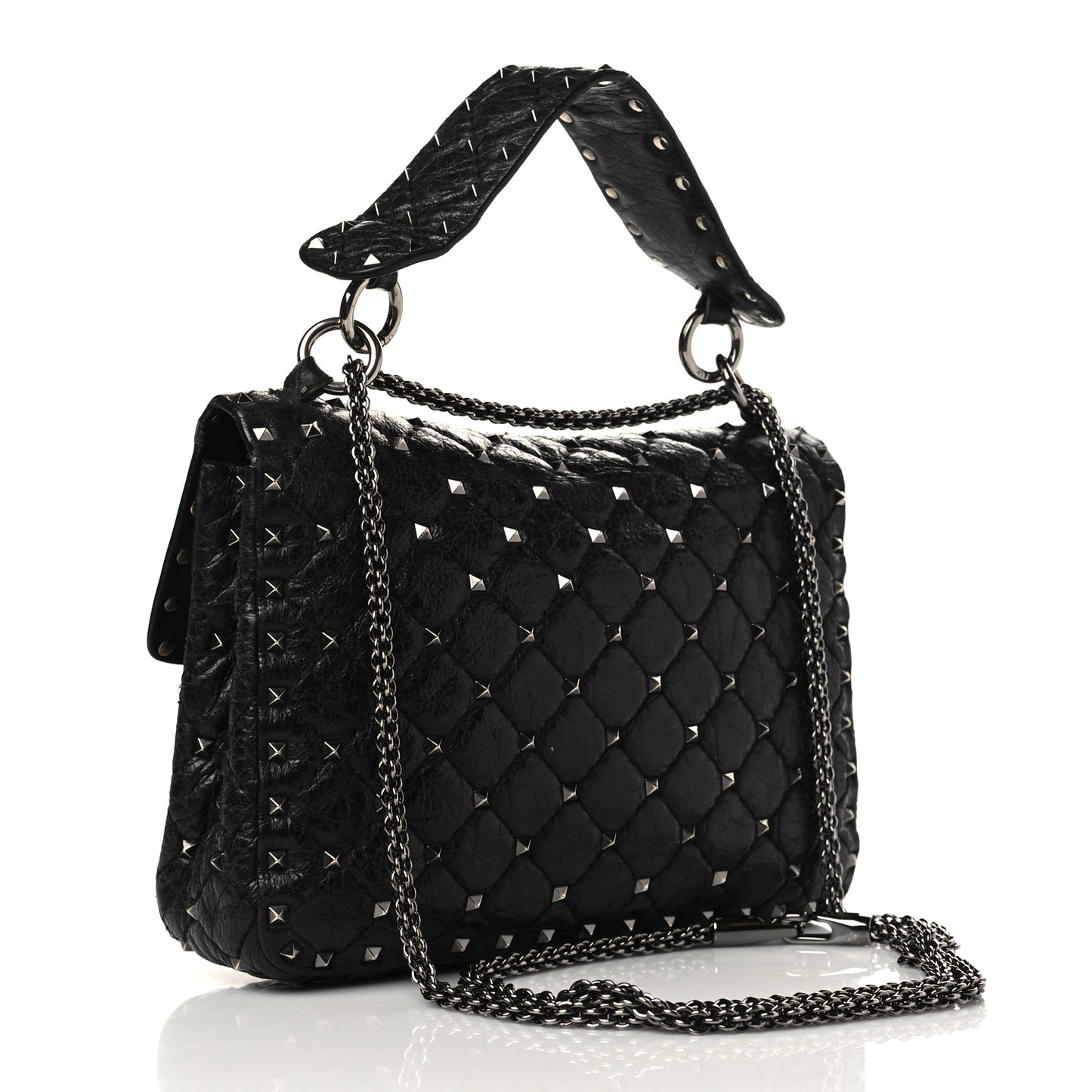 Craquele Nappa Medium Rockstud Spike Shoulder Bag Black