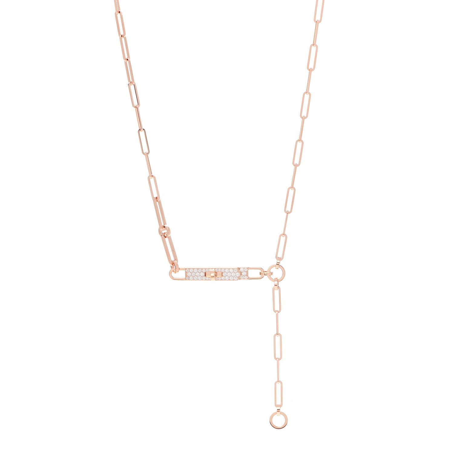 Hermes 18K Rose Gold Diamond Pave PM Kelly Chaine Lariat Necklace ST 1 of 4