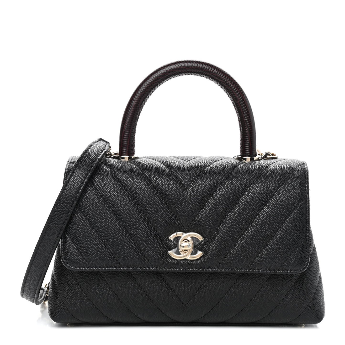 Caviar Lizard Embossed Chevron Quilted Mini Coco Handle Flap Black