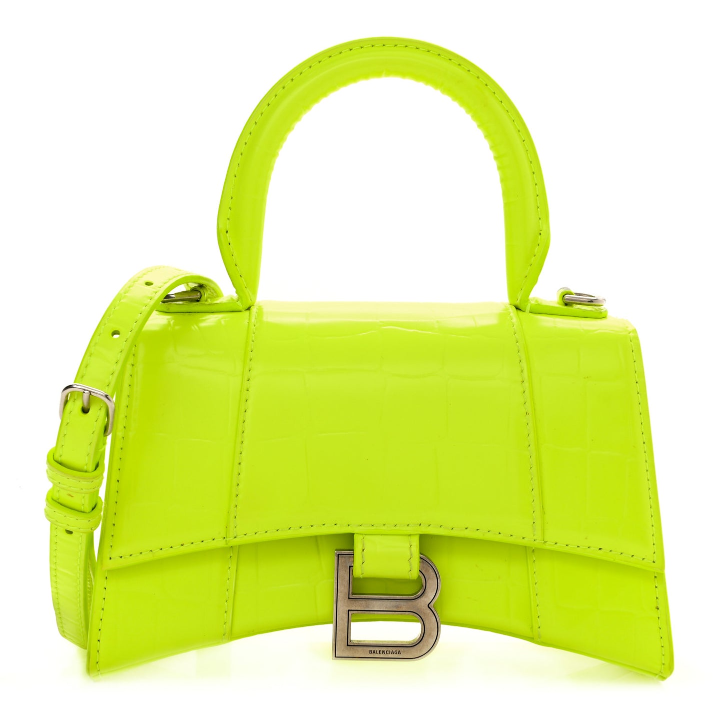 Semi Shiny Calfskin Crocodile Embossed Hourglass Top Handle Bag XS Yellow