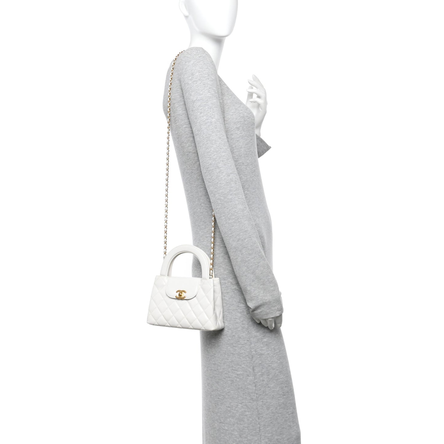 Shiny Aged Calfskin Quilted Nano Kelly Shopper White