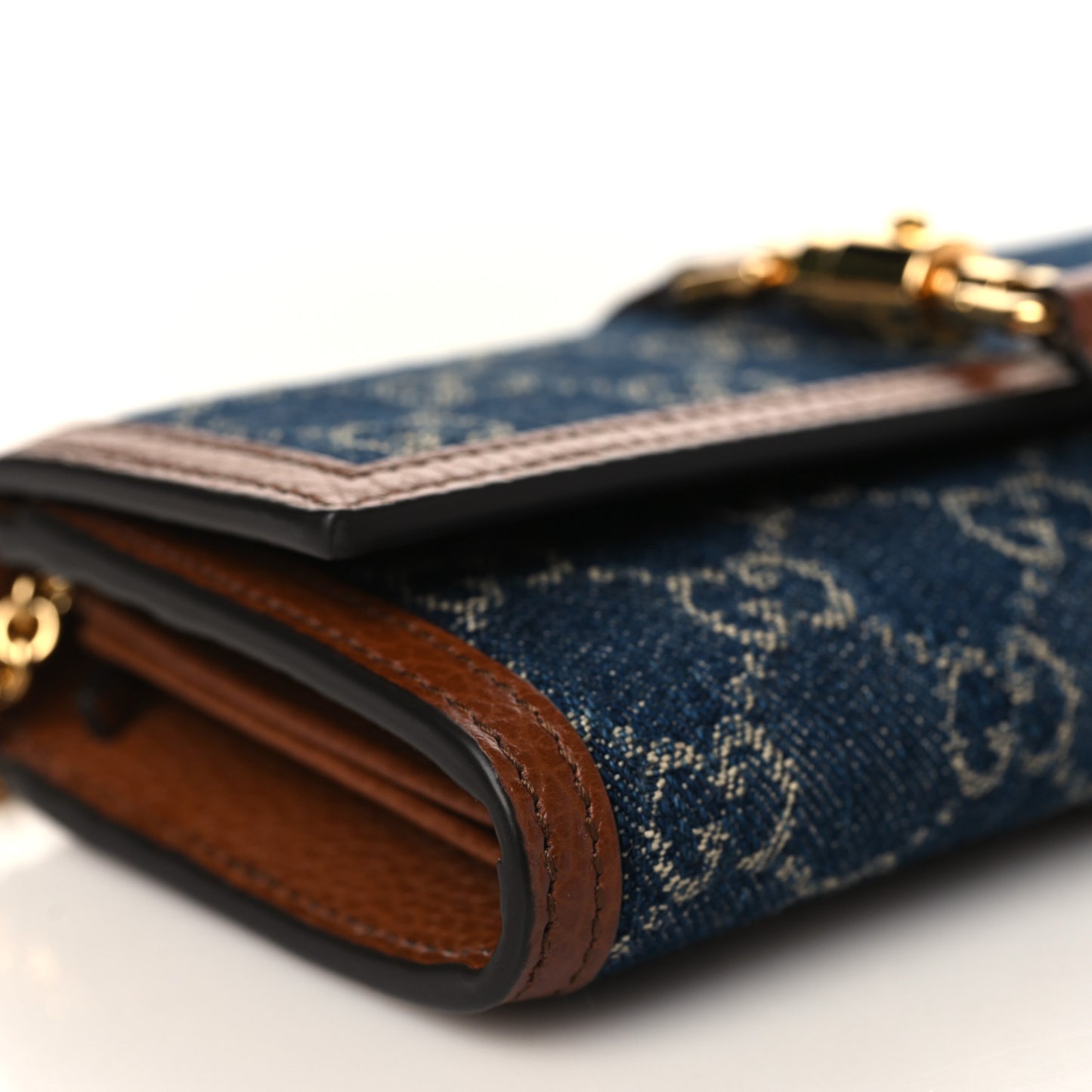 New Denim GG Monogram Jackie 1961 Chain Wallet Blue Tea Cuir