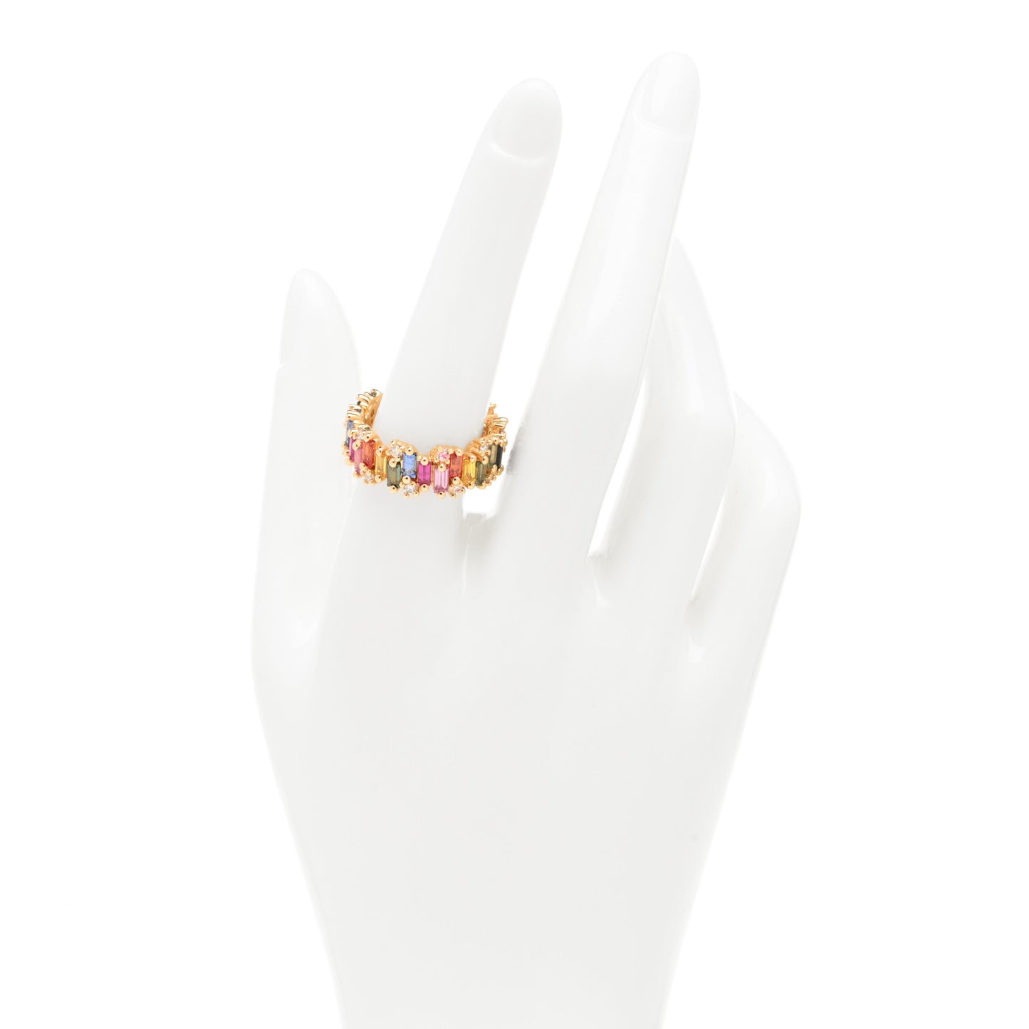 18K Yellow Gold Diamond Sapphire Ruby Shimmer Audrey Rainbow Eternity Band Ring 57 8